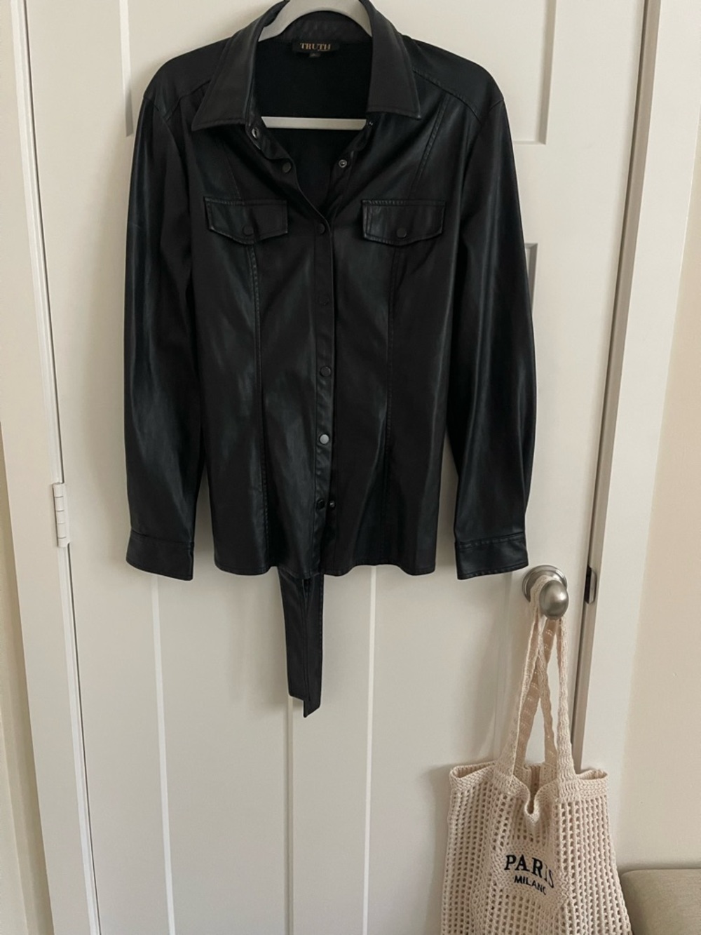 Black Faux Leather Button-Up Shirt